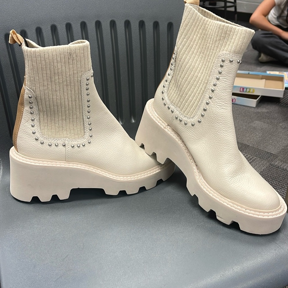 Dolce Vita Cream Chunky Lug Sole Ankle Booties with Knit Panel